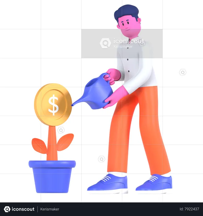 Businessman Watering Dollar Plant  3D Illustration