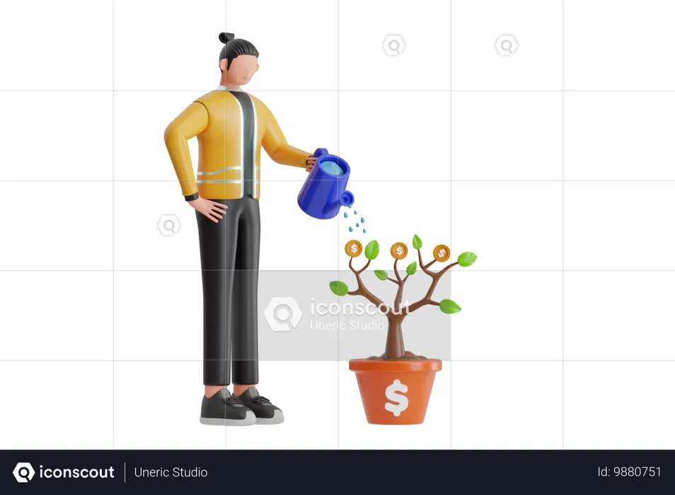 Businessman Watering Money Plant For Growing Money  3D Illustration