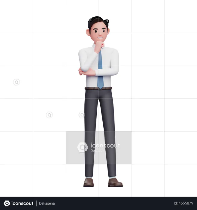 Businessman wearing long shirt and blue tie thinking with fist on chin  3D Illustration
