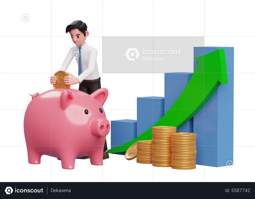 Businessman white shirt blue tie saving gold coins into piggy bank with bar chart and green arrow up  3D Illustration