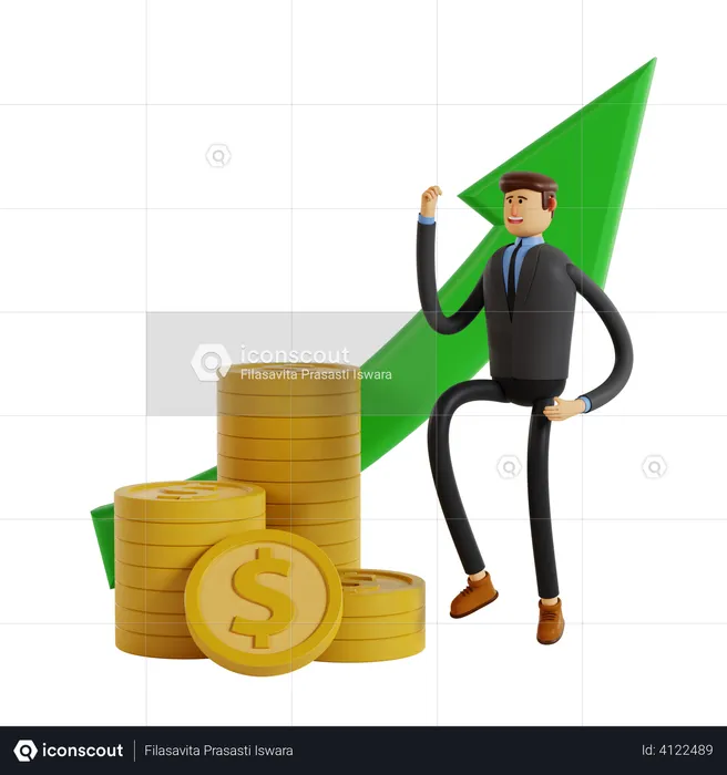 Businessman with pile of coin dollar and green arrow rising  3D Illustration