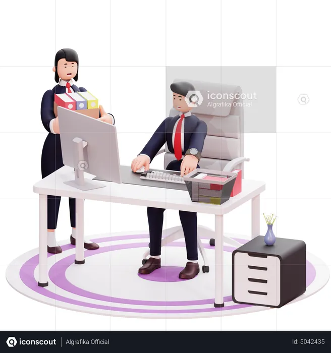 Businessman work at office while assistant bring documents  3D Illustration