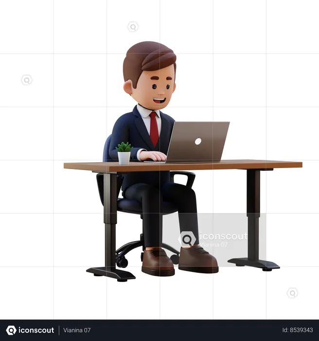 Businessman Working On Laptop At Office  3D Illustration