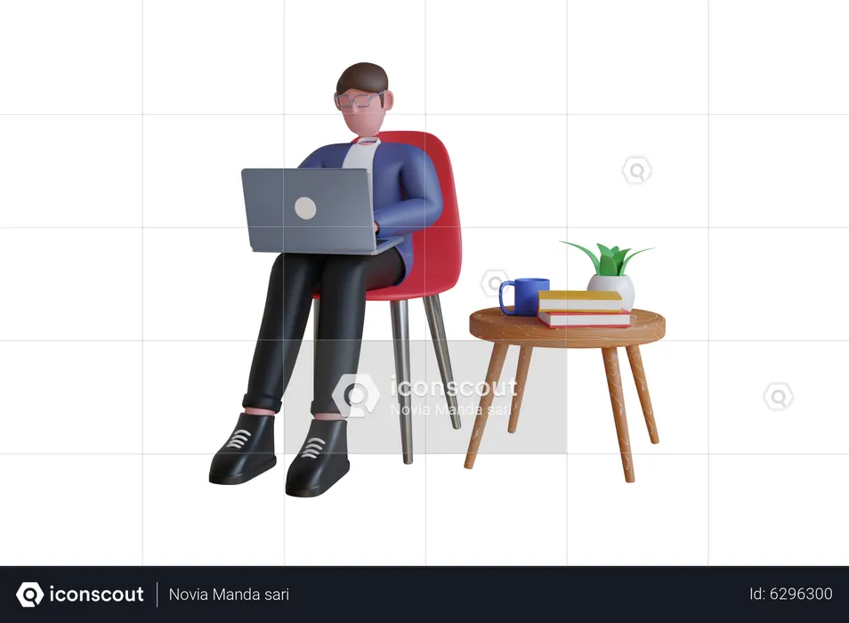 Businessman working on laptop computer and drinks cofee in office  3D Illustration