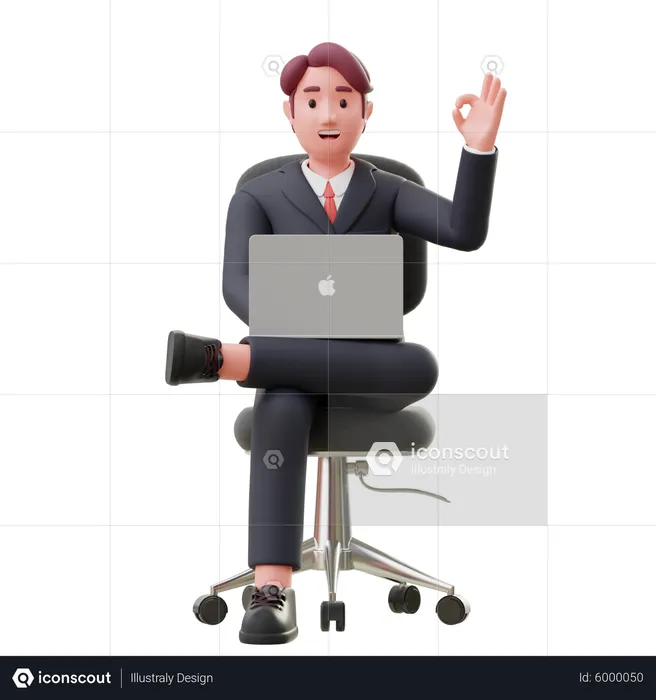 Businessman working on laptop while seat on chair  3D Illustration