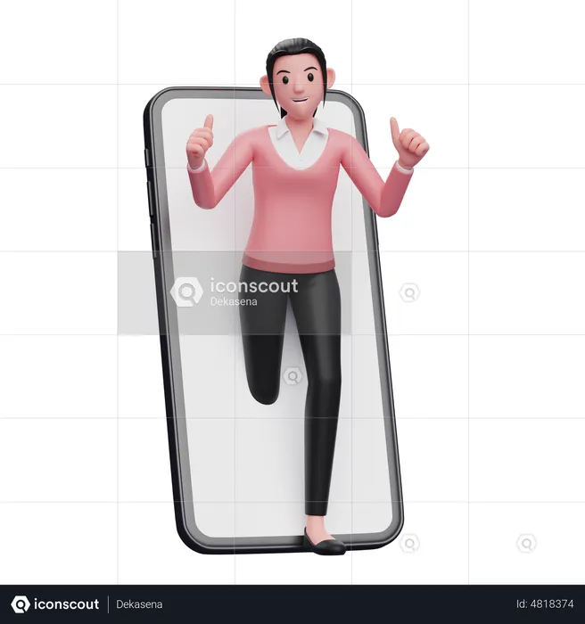 Businesswoman appears from inside the phone screen while giving a thumbs up  3D Illustration