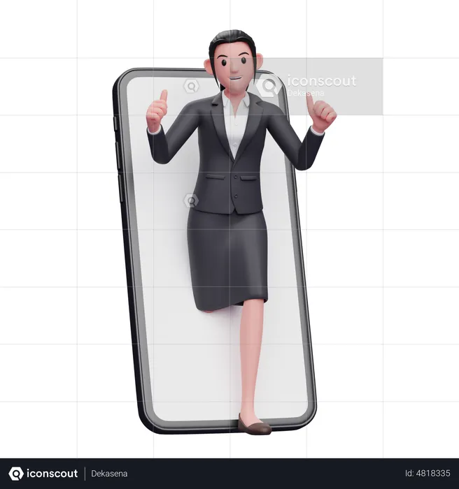 Businesswoman appears from inside the phone screen while giving a thumbs up  3D Illustration