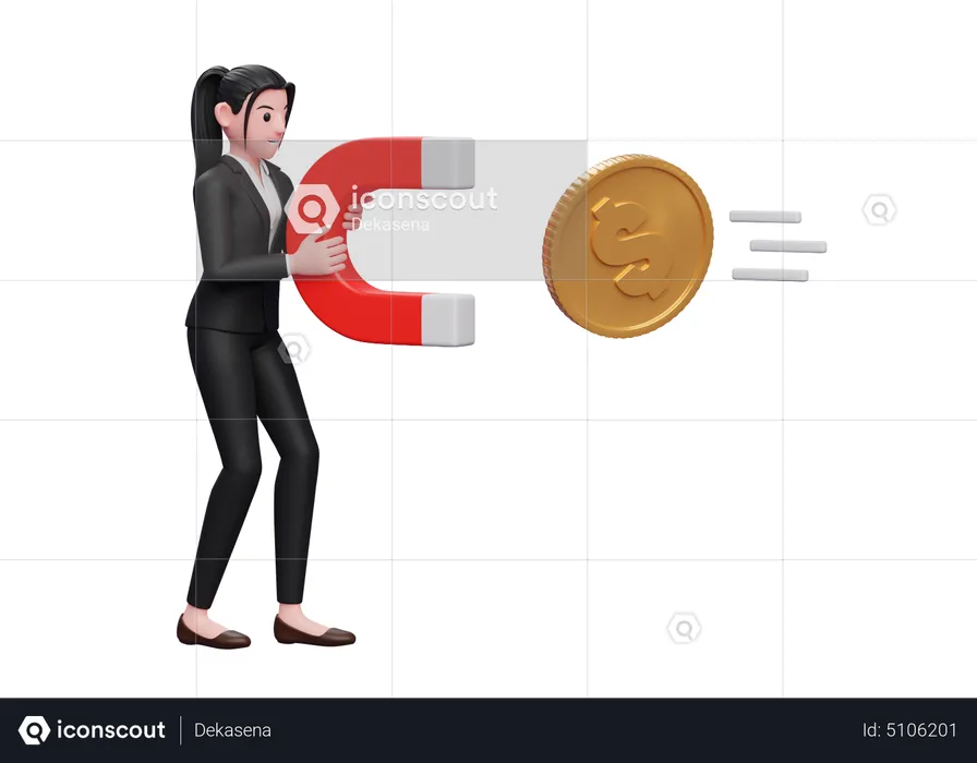 Businesswoman attract money using magnet  3D Illustration