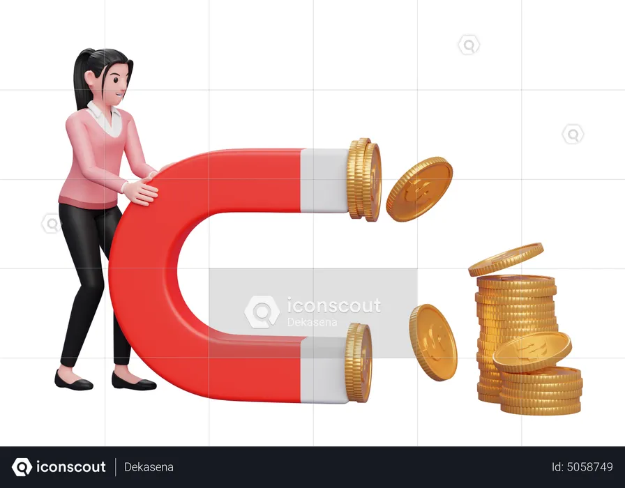 Businesswoman attract money using magnet  3D Illustration