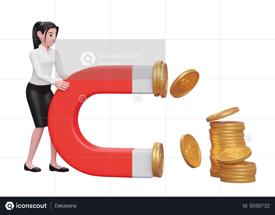 Businesswoman attract money using magnet  3D Illustration