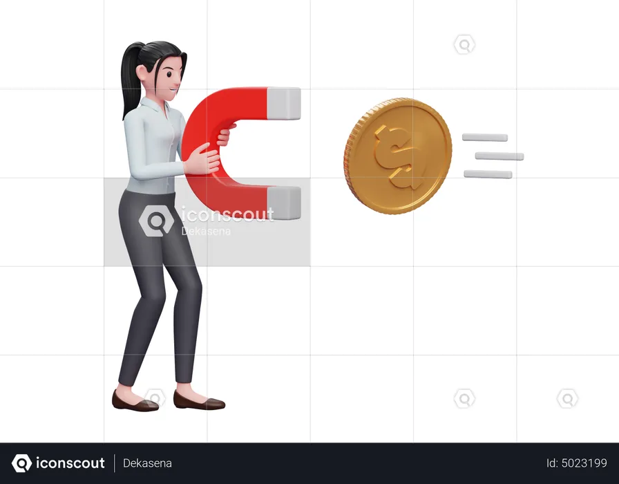 Businesswoman attract money using magnet  3D Illustration