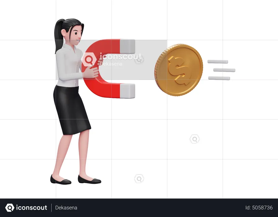 Businesswoman attract money using magnet  3D Illustration