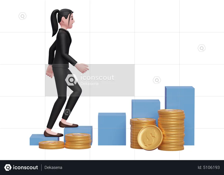 Businesswoman climbing stairs towards financial freedom  3D Illustration