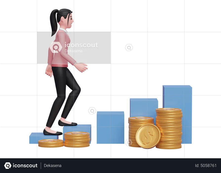 Businesswoman climbing stairs towards financial freedom  3D Illustration