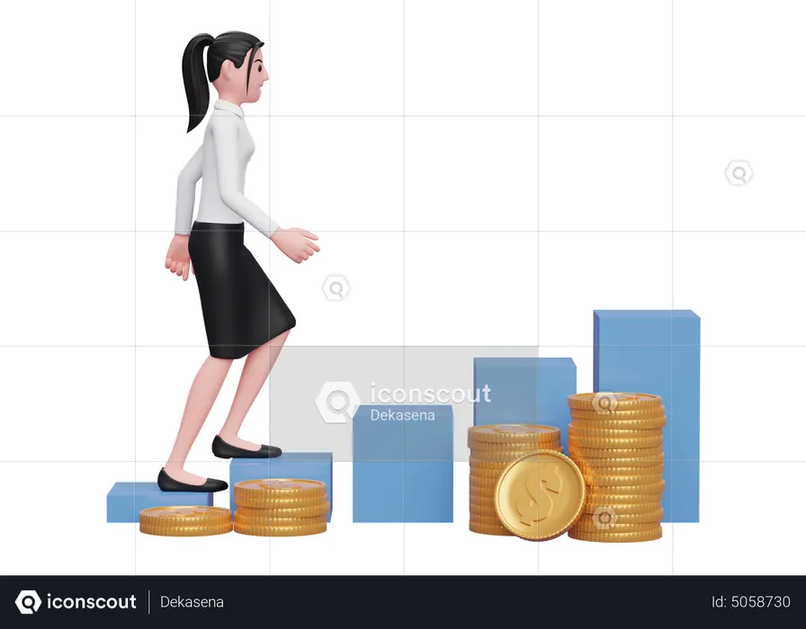 Businesswoman climbing stairs towards financial freedom  3D Illustration