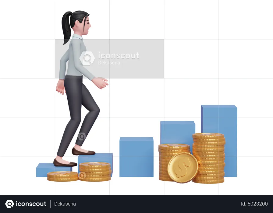 Businesswoman climbing stairs towards financial freedom  3D Illustration