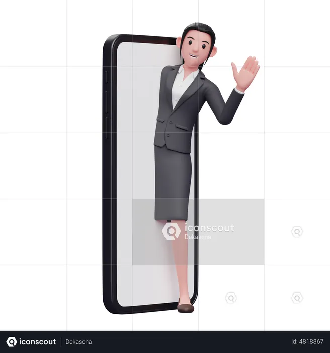 Businesswoman coming out of phone screen and waiving hand  3D Illustration