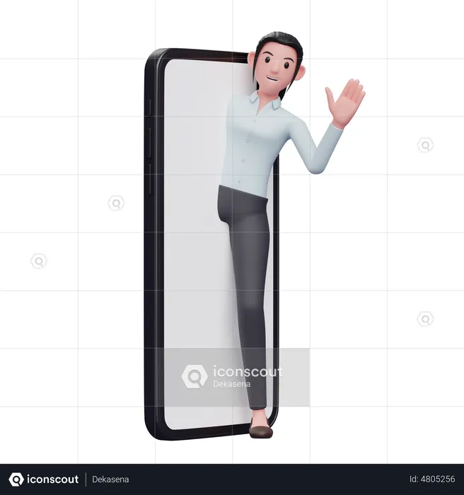Businesswoman coming out of phone screen and waiving hand  3D Illustration