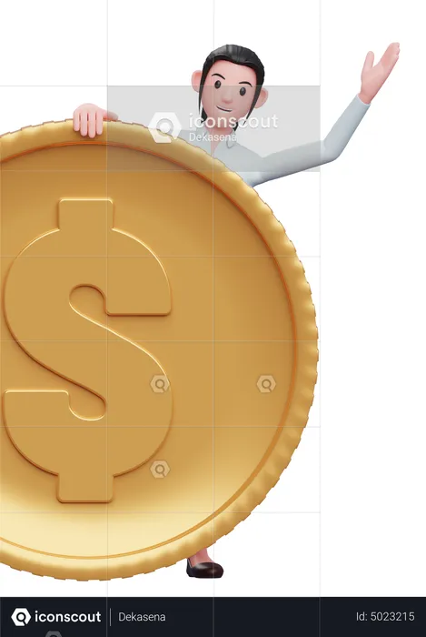 Businesswoman give peek from behind the coin  3D Illustration