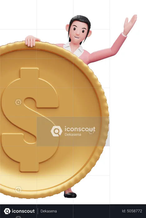 Businesswoman give peek from behind the coin  3D Illustration