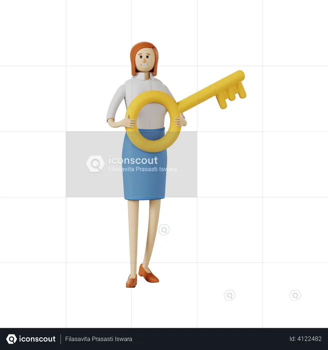 Businesswoman holding big key  3D Illustration