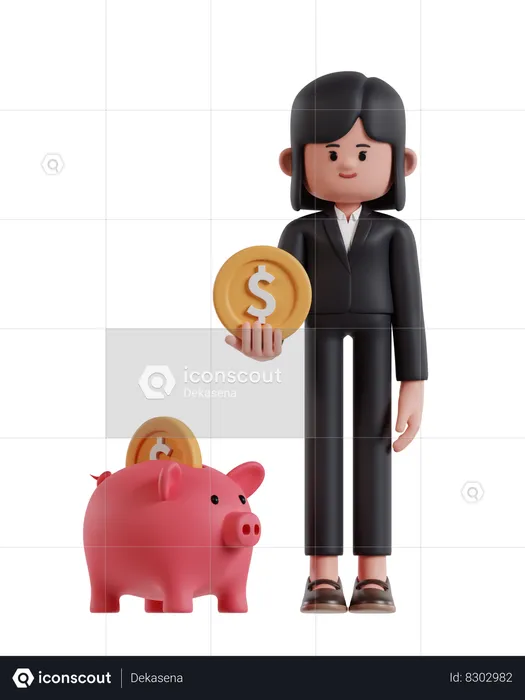 Businesswoman holding coins is saving in piggy bank  3D Illustration