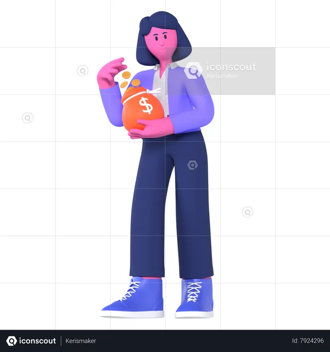 Businesswoman Holding Money Bag  3D Illustration