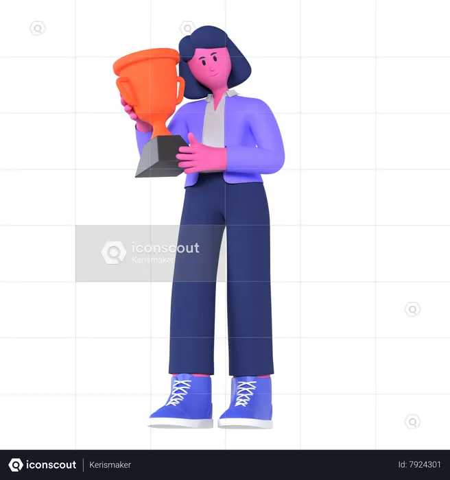 Businesswoman Holding Trophy  3D Illustration