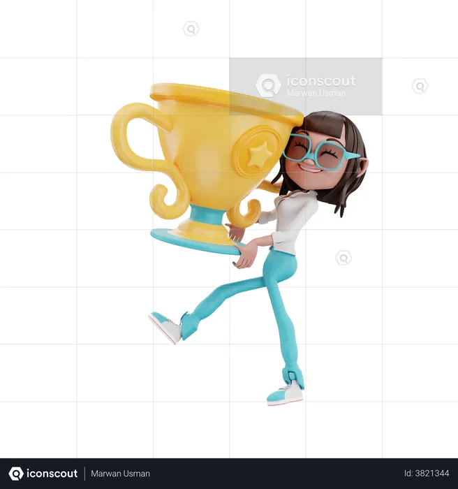 Businesswoman lift the trophy and smile  3D Illustration
