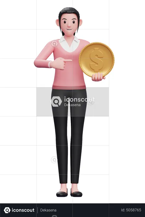 Businesswoman point towards dollar coin  3D Illustration
