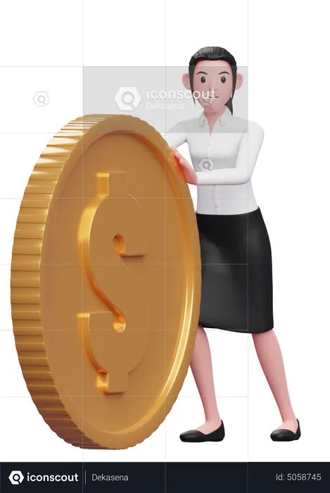 Businesswoman pushing dollar coin  3D Illustration