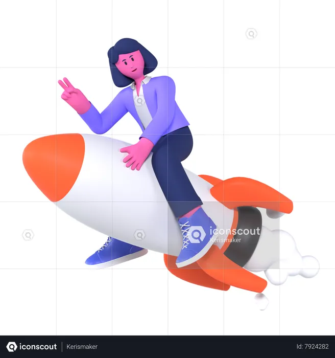 Businesswoman Riding Rocket  3D Illustration