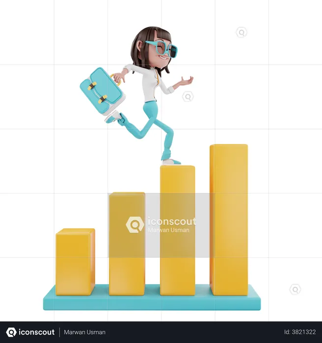 Businesswoman running with suitcase over the chart  3D Illustration