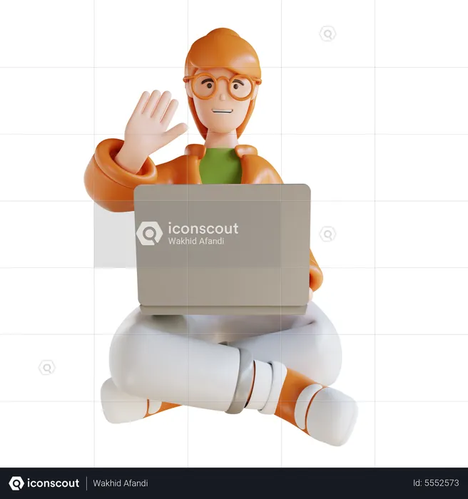 Business Woman Sitting Holding Laptop And Raising Hand  3D Illustration