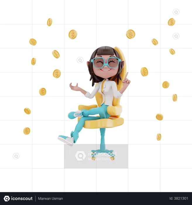 Businesswoman sitting in the office chair and coin  3D Illustration