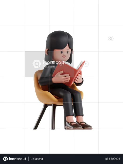 Businesswoman sitting on a chair and reading a book  3D Illustration