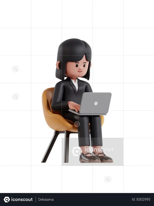 Businesswoman sitting on a chair and working on a laptop  3D Illustration
