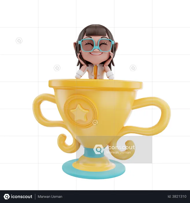 Businesswoman smile on the trophy  3D Illustration