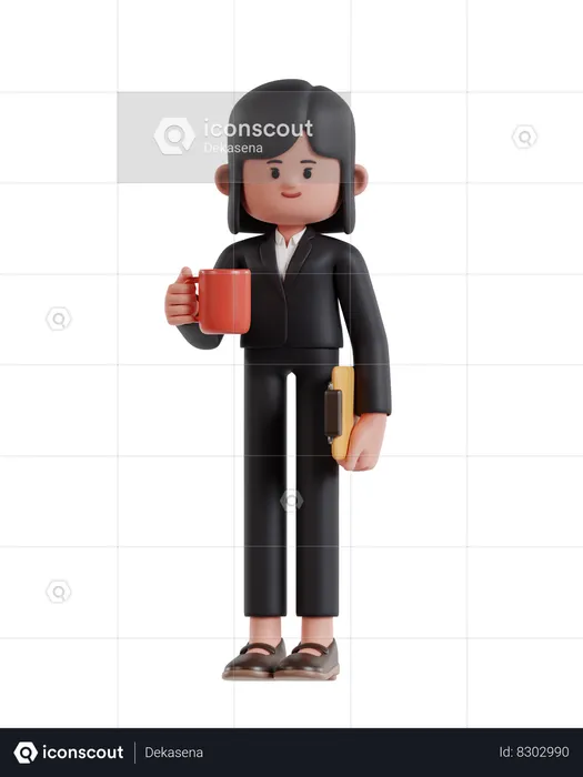 Businesswoman standing holding coffee cup and clipboard  3D Illustration