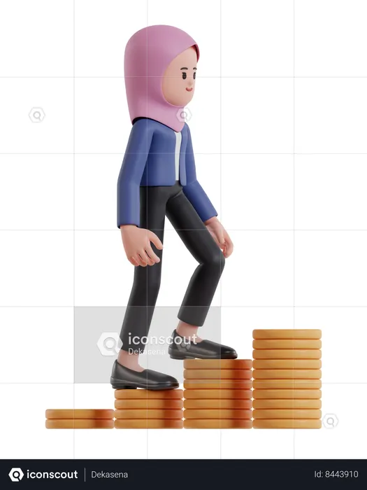Businesswoman wearing a hijab climbing up on chart of dollar coins  3D Illustration