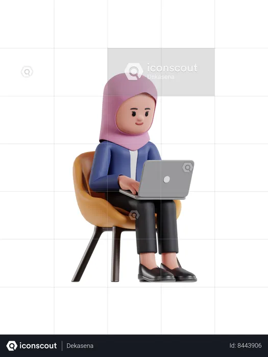 Businesswoman wearing a hijab sitting on a chair and working on a laptop  3D Illustration