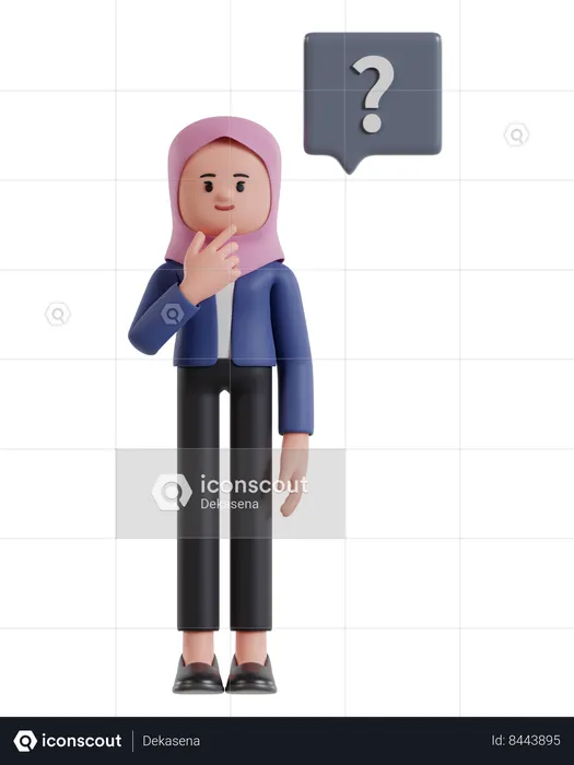 Businesswoman wearing hijab holding chin while thinking with question mark  3D Illustration