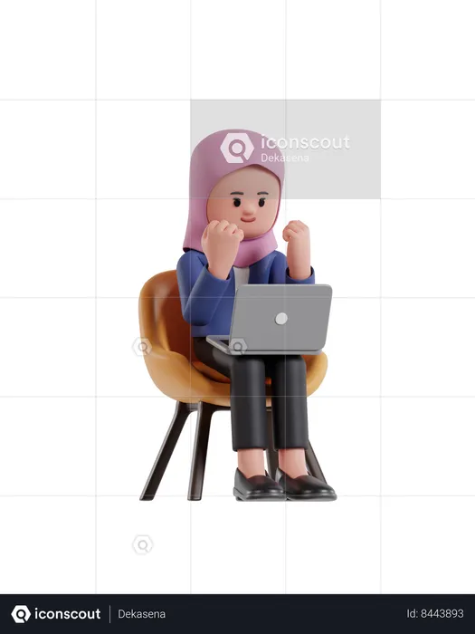 Businesswoman wearing hijab looking at laptop screen while raising his hand in celebration  3D Illustration