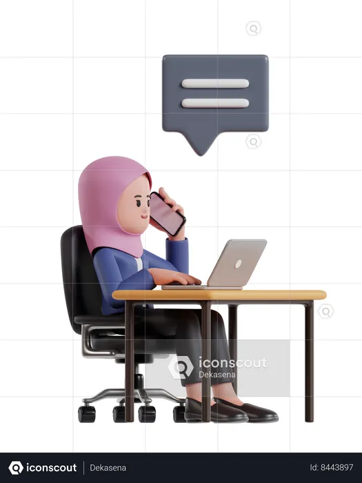 Businesswoman wearing hijab working on laptop while talking on phone  3D Illustration