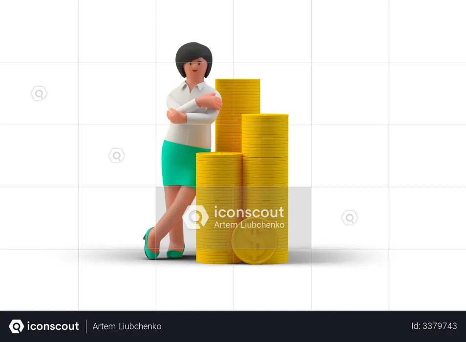 Businesswoman with crossed arms standing next to the dollar coin stack  3D Illustration