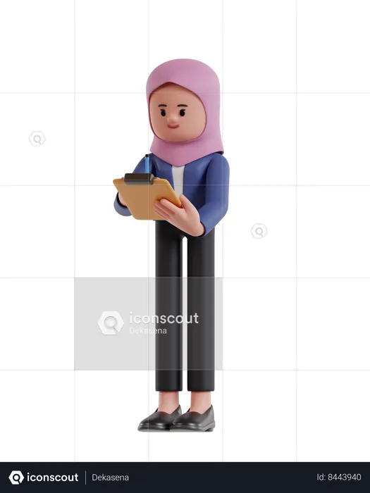 Businesswoman with hijab holding clipboard and writing with pencil  3D Illustration