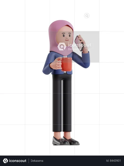 Businesswoman with hijab holding coffee cup and talking on cell phone  3D Illustration