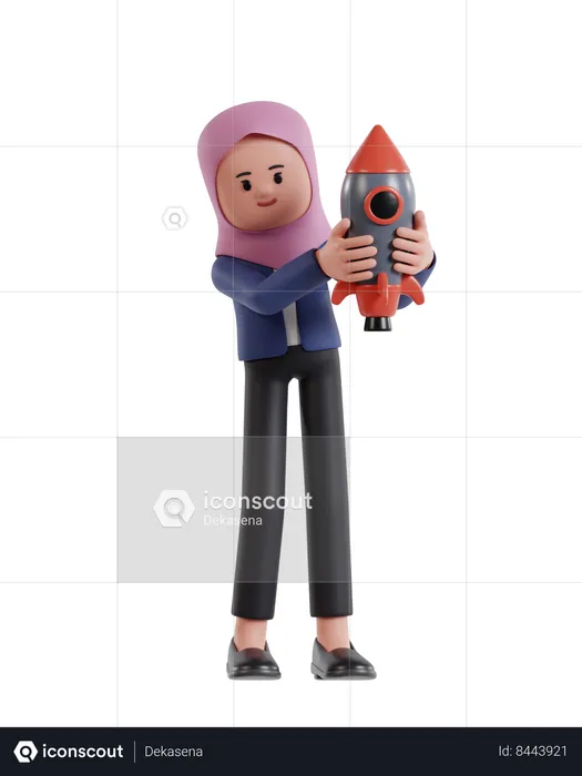 Businesswoman with hijab holding rocket for business start up  3D Illustration