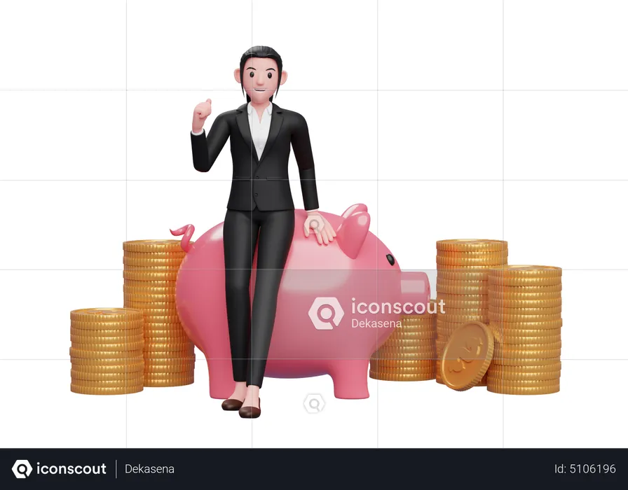 Businesswoman with huge savings  3D Illustration