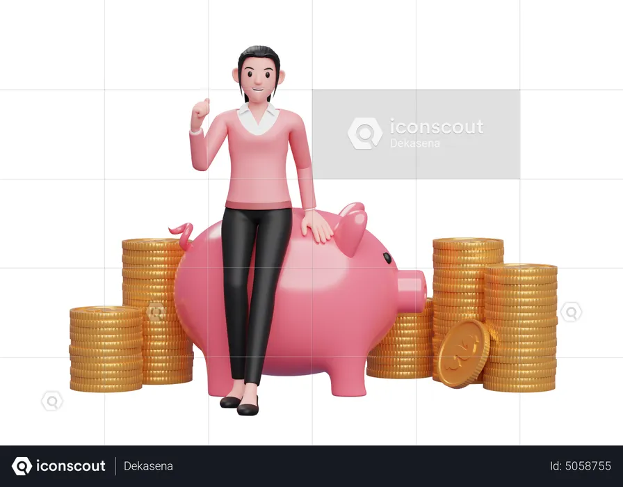 Businesswoman with huge savings  3D Illustration